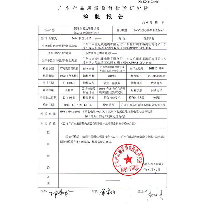 檢驗(yàn)報(bào)告bvv300-500V